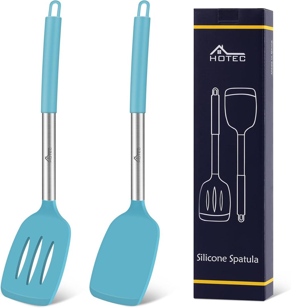 HOTEC Silicone Spatula Set of 2 Heat-Resistant 600F & BPA-Free Kitchen SaptulaTurner with Stainless Steel Handles, Slotted & Solid Spatulas for Nonstick Cookware, 13.7 Inch, Blue