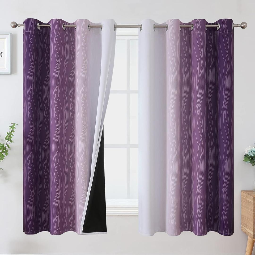 Estelar Textiler Purple and Greyish White Blackout Curtains 63 Inch Length 2 Panels Set, Room Darkening Grommet Ombre Curtains for Bedroom, Thermal Insulated Light Blocking Gradient Drapes,52Wx63L (52"W x 63"L (Pack of 2))