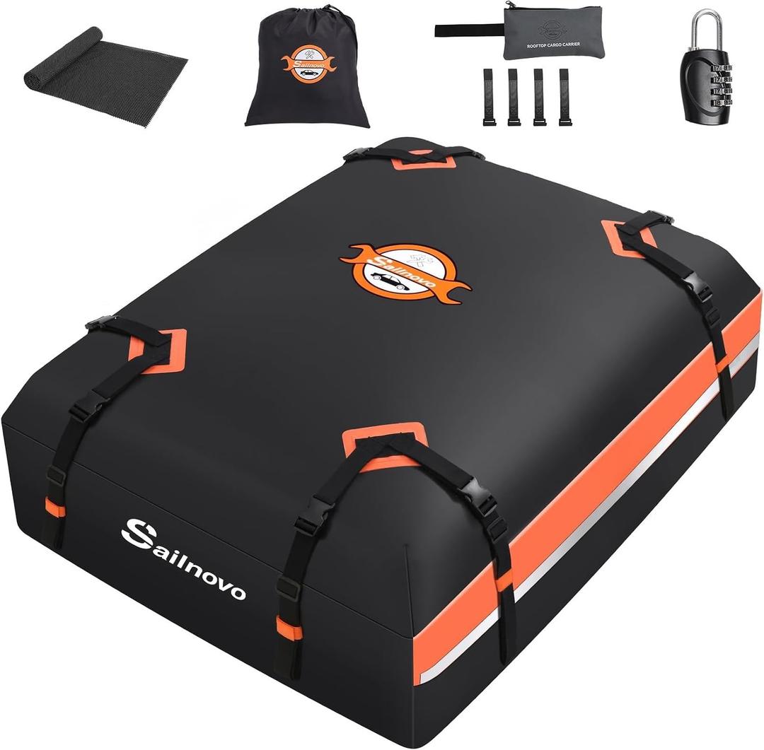 Sailnovo Car Rooftop Cargo Carrier 15 Cubic Feet, Waterproof 1000D PVC Car Roof Bag with Anti-Slip Mat, Combination Lock, Storage Bag, Door Hooks & Tie-Down Strap fit Vehicle with/Without Luggage Rack