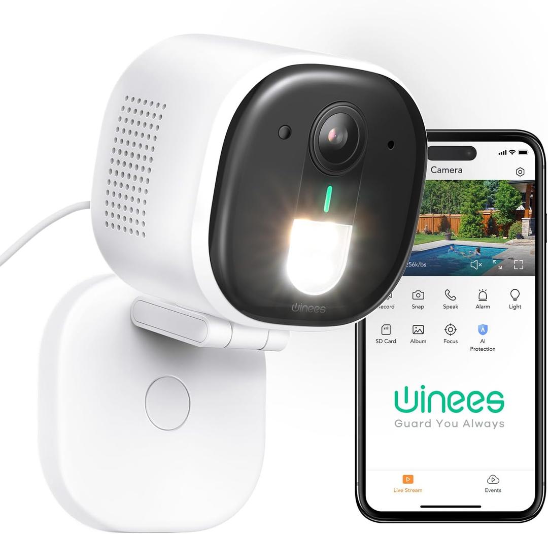 winees Security Cameras Outdoor, Wired 2K Wi-Fi Cameras for Home Security, 2.4G Indoor Camera, Human/Pet AI Detection, Color Night Vision, 2-Way Audio, Support Cloud/128G SD Card Storage (white-M3 Pro)