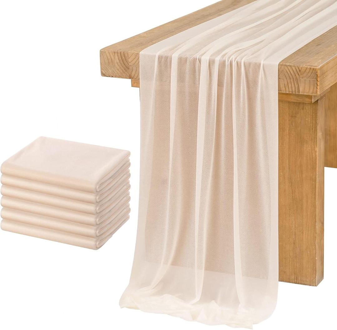 Ling's moment 6-Pack 10ft Nude Sheer Chiffon-Like Table Runner with Silver Sparkle Table Decor for Wedding Rustic Boho Shower Party(Nude, Set of 6)