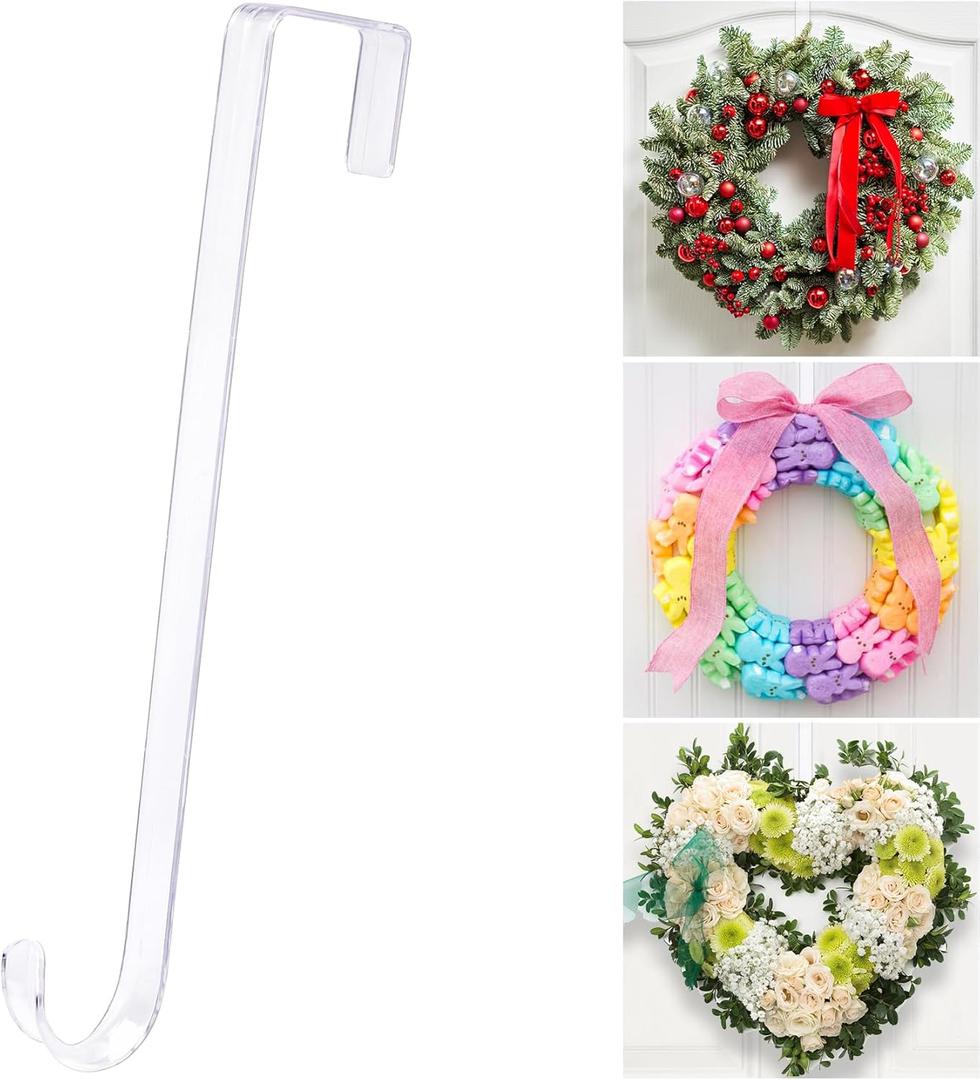 12" Clear Wreath-Hanger Non Scratch Hooks, 1 Pack Wreath-Hanger, Over The Door Hooks Deceneration, Slim Hangers Organizer