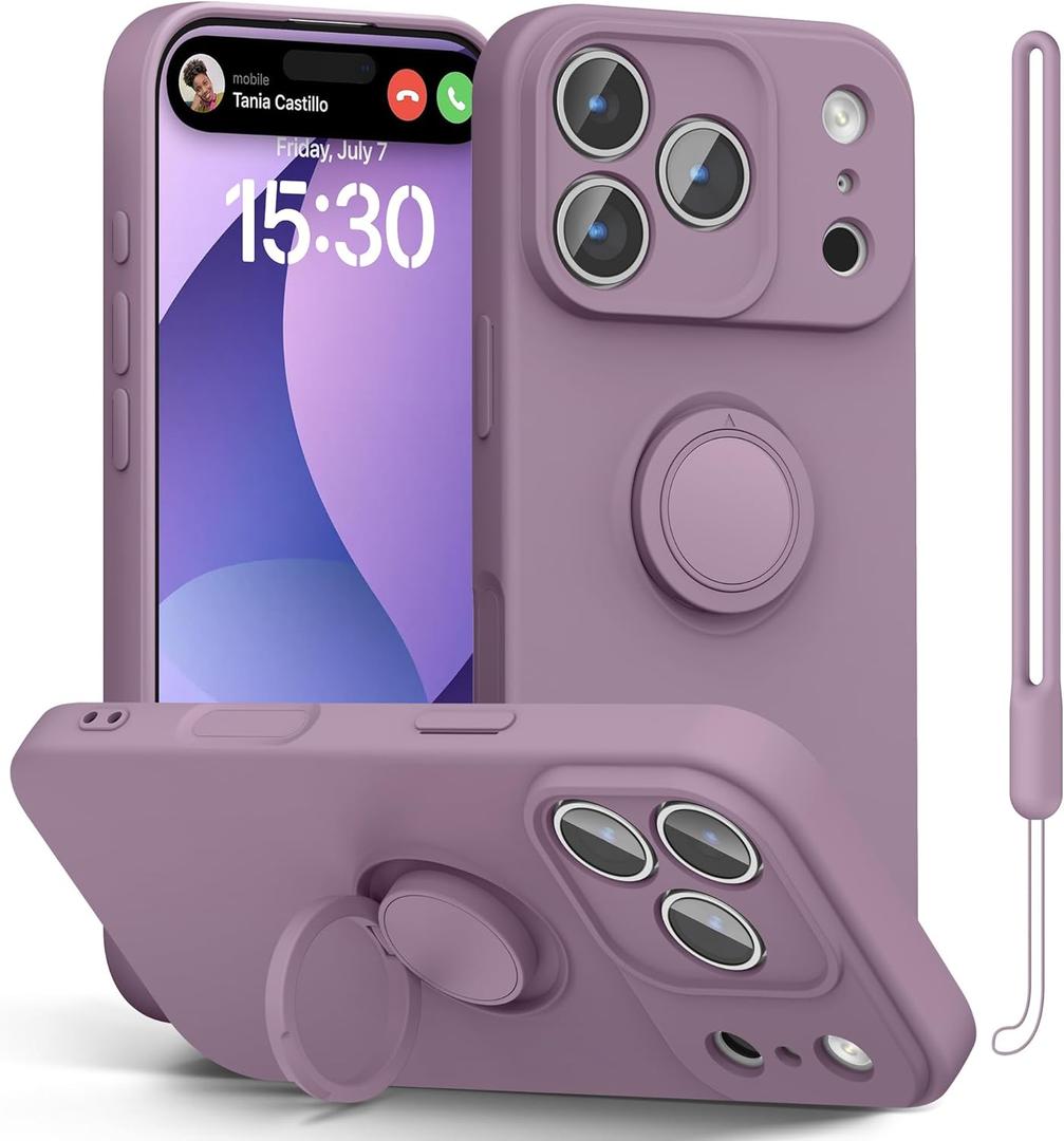 pcgaga Compatible with iPhone 17 Pro Max Case 6.9 inch, Silicone Slim Design with [Ring Holder Stand] [Wrist Strap] [Microfiber Lining] Shockproof Protective Case Cover, Lilac Purple