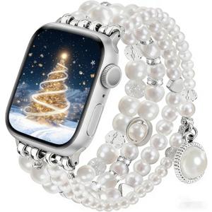 V-MORO Compatible with Apple Watch Band Pearl Series 11/10/9/8/7 45mm/46mm/44mm/42mm Fashion Beaded Elastic Bracelet Bling Jewelry Strap for iwatch SE Series 6/5/4/3/2/1 Pure White,for 5.5"-6.2" Wrist