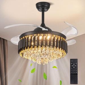 Moooni 48" Large Luxury Crystal Ceiling Fan with Light and Remote Control, Crystal Chandelier with Fan LED Dimmable 6-Speed, Modern Bladeless Ceiling Fan for Living Room Dining Room Foyer Hotel (Black)