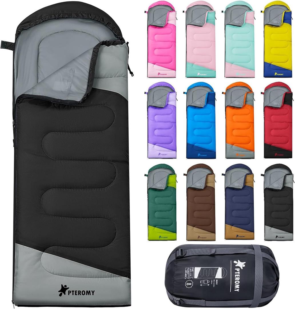 PTEROMY Sleeping Bags for Adults, Lightweight and Machine Washable, Water Resistant Backpacking Camping Sleeping Bag for Warm Cold Weather, Camping Essentials for Hiking Travel (50F~80F / 3 Season, Black)