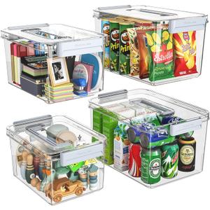 Plastic Storage Bins with Lids Stackable organization and Storage Containers for Organizing Snacks, Crafts, Tools Clear Storage Box with Latching handle(Clear, 2PCS-4.5QT 2PCS-8.5QT)
