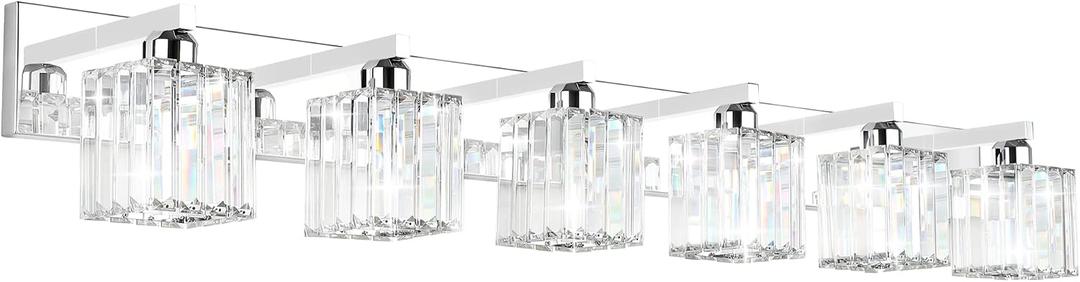 Aipsun Bathroom Vanity Light Fixtures 6 Light Chrome Vanity Light for Bathroom Crystal Vanity Lighting Fixtures (Exclude Bulb), 49 inch