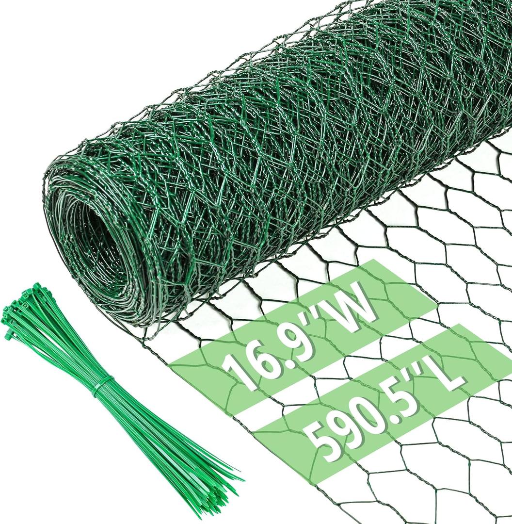 Chicken Wire 16.9 in x 590.5 in Poultry Wire Netting Hexagonal Galvanized Mesh Garden Fence Barrier for Pet Rabbit Chicken Fencing with 100 Pcs Cable Zip Ties(PVC-Coated) (Green)