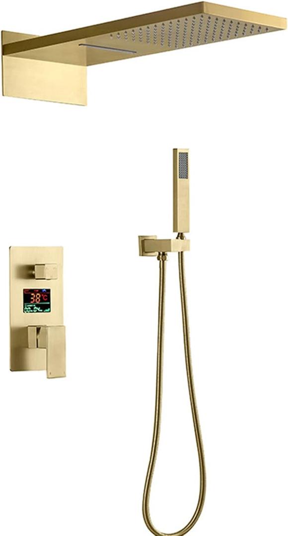 Brushed Gold Shower Temperature Display, Luxury Waterfall Rainfall Shower Head with Handheld Shower, Wall Mounted Shower Faucet Set, Rain Mixer Shower