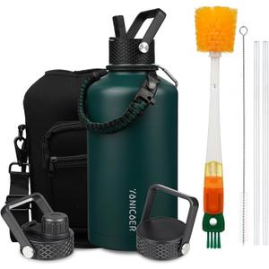 Insulated Water Bottle 87oz,Triple Wall Vacuum Stainless Steel(Dishwasher Safe),Leak Proof & Non-BPA,Flask Jug with Paracord Handle & Straw Spout Lids Sports Green