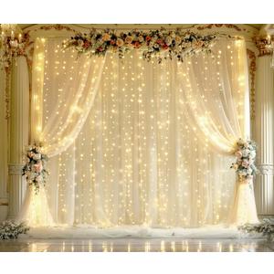 30ft X 10ft Champagne Tulle Wedding Reception Backdrop Curtains with Lights String 6 Panels Sheer Backdrop Curtains for Parties Bridal Baby Shower Birthday Event Christmas Background Home Decorations