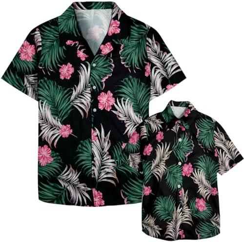 Hawaiian Dad and Son Matching Shirts - Floral Print Short Sleeve Button Down Cute Fathers Gift Set Baby Clothes, Medium