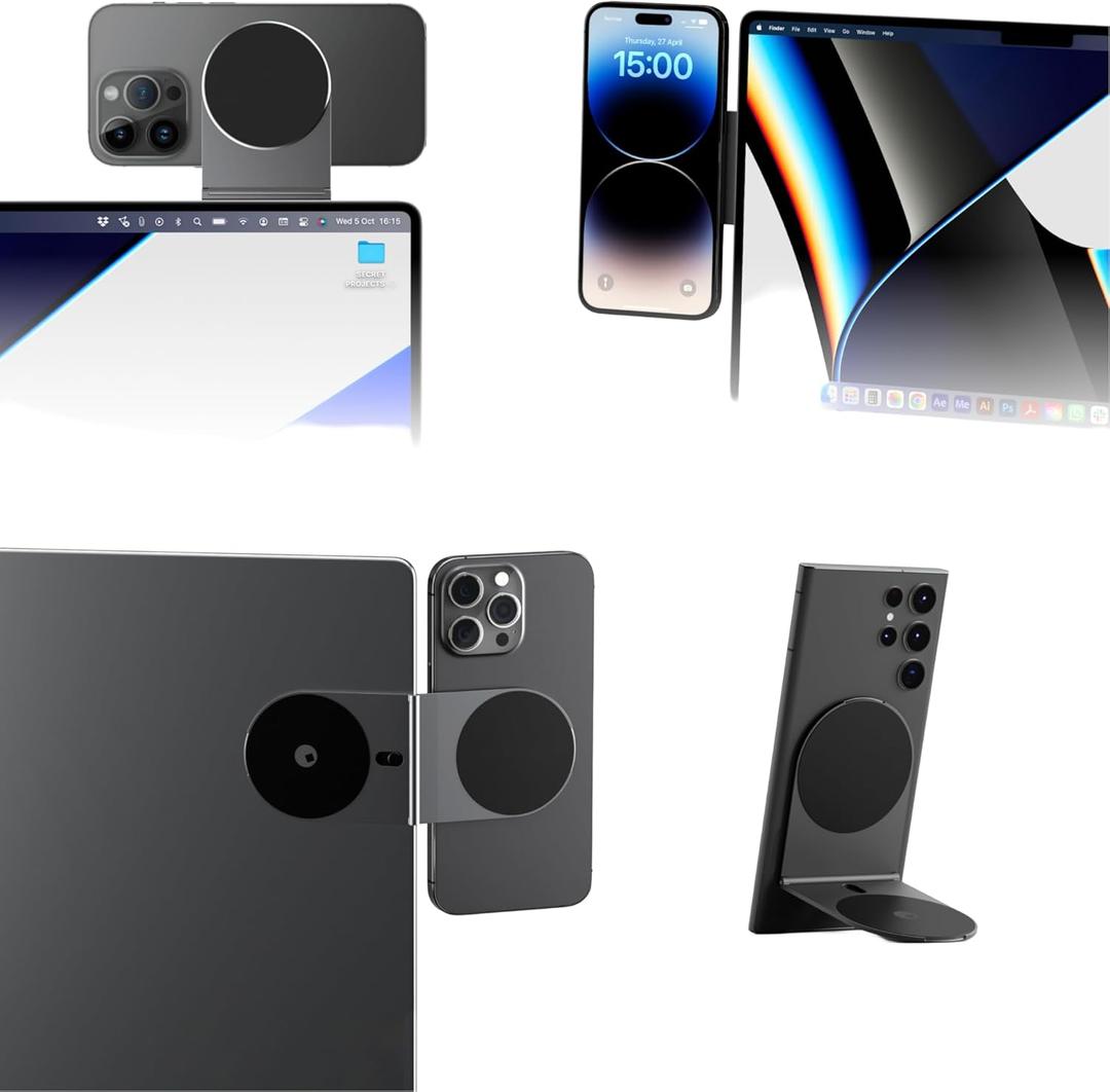 Rolling Square Edge Pro Core  Magnetic Mount Phone Holder Stand for Computers and Tablets | Secure Metal Plate Adhesive or Standalone Mode Compatible with MagSafe, Qi, and NonMagSafe Devices, Gray