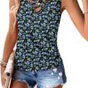 KISSMODA Womens Summer Tank Tops Casual Sleeveless Solid Printed Tunic Top Loose Fit V Neck Shirts (Blue, L)