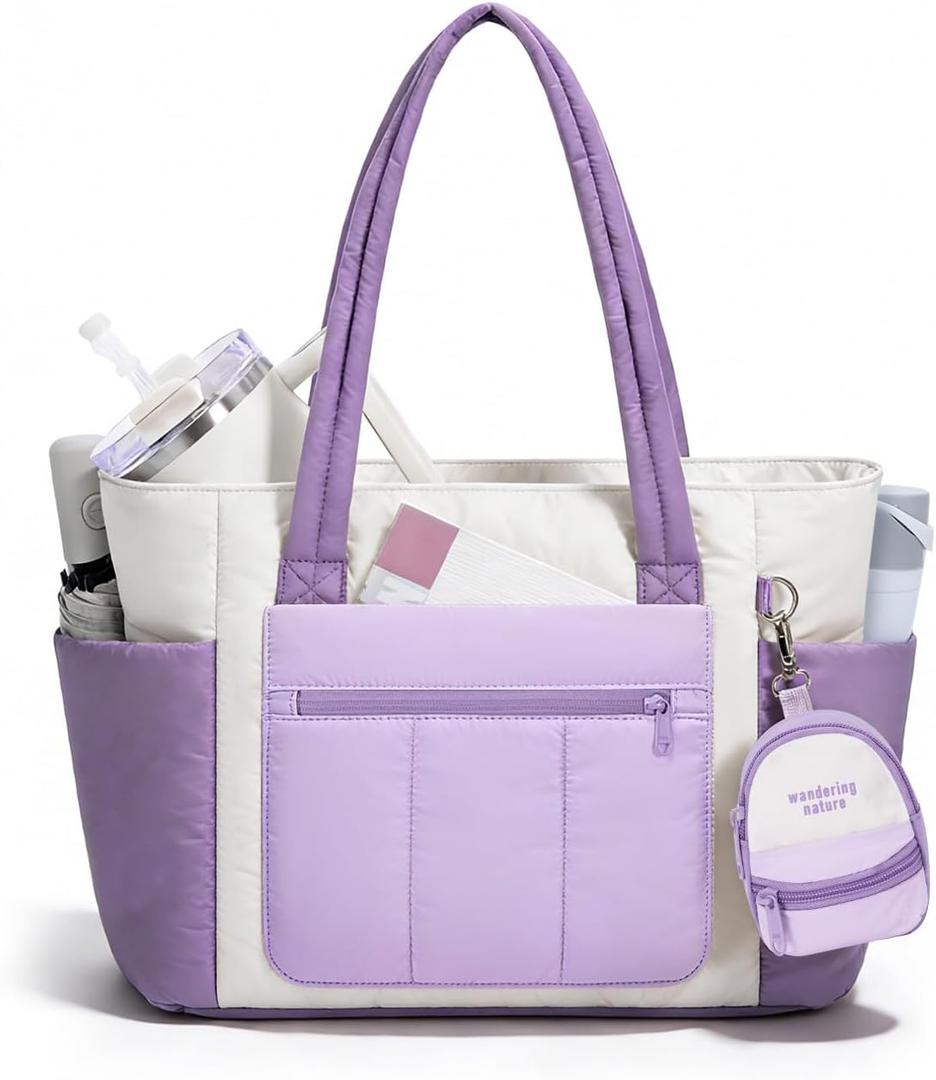 Wandering Nature Puffer Tote Bag for Work & Nurse, 2-Piece Tote with Mini Pouch, Fits 15.6" Laptop, Dual Inner Cup Holders (Purple)