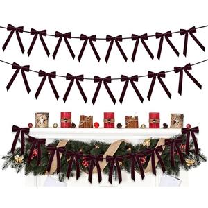Christmas Velvet Bows Garland, 10ft Pre-Strung Christmas Garland Banner with 15 Bows, Indoor Vintage Elegant Velvet Ornaments Home Decor for Tree Mantle Stair Party Wall Office, Deep Burgundy