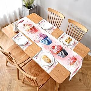 5-Piece Watercolor Cupcake Birthday Table Runner & Placemat Set – Festive Dining Table Decor – Includes 1 Table Runner & 4 Placemats – Ideal for Parties, Birthdays & Celebrations