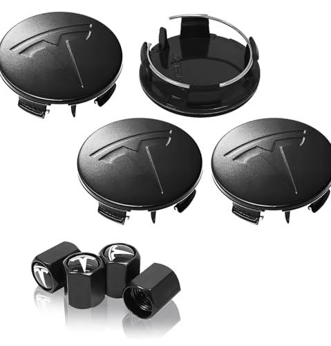 4 Pack Wheel Center Cover for Tesla Model 3 & Model Y/Model Y Juniper 2025,56mm Hubcaps Wheel Rim Cover Tesla Center Caps Hubcaps+4 Car Valve Stem Caps (Matte Black Background+Black Emblem)