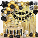Black and Gold Birthday Party Decorations Kit for Men Women, Cheers Beer Confetti Black Gold Balloon Happy Birthday Banner Fringe Curtains Swirl Circle Dots Tassels Pom Graduation 30th 40th 50th Him
