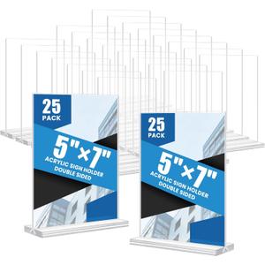Acrylic Sign Holder 5x7, 25 Pack Clear Double Sided Table Menu Vertical Display, Plastic Flyer Display Stand, Paper photo Plastic Sign Frame Suitable for Restaurants Office Store Hotels, Show Fair