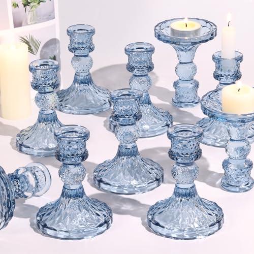 Simeitol Glass Candle Holder Set of 11, Blue Taper Candle Holders Bulk, Vintage Candlestick Holders, Candle Stick Holder for Table Centerpieces, Wedding, Festival & Home Decor