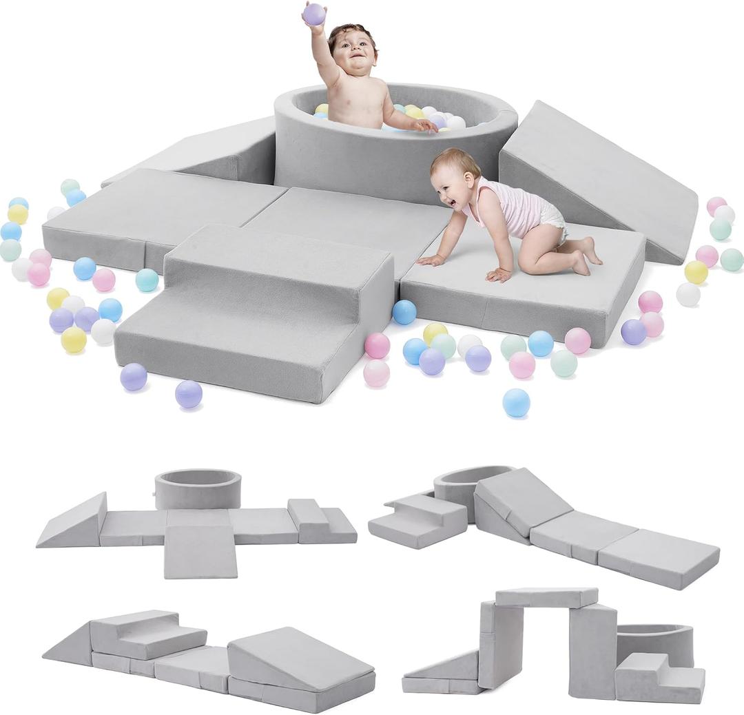 Foam Climbing Blocks with Ball Pit & Stairs for Toddlers Aged 1-3 -Soft Playset for Indoor Crawling, Foam Playground Set for Baby to Active Playing Inside -(Balls NOT Included), Grey