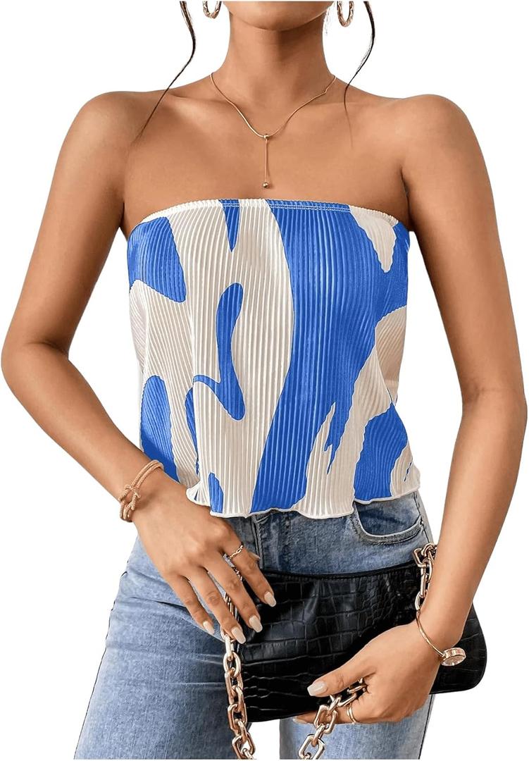 SOLY HUX Women's Graphic Print Tube Crop Tops Strapless Sleeveless Pleated Summer Top (XL)