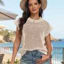 Lepunuo Women's Summer Crochet Top Cap Sleeve Hollow Out Cover Ups Casual Cruise Beach Vacation Tops Knit Pullover Sweater (Beige, 3XL)