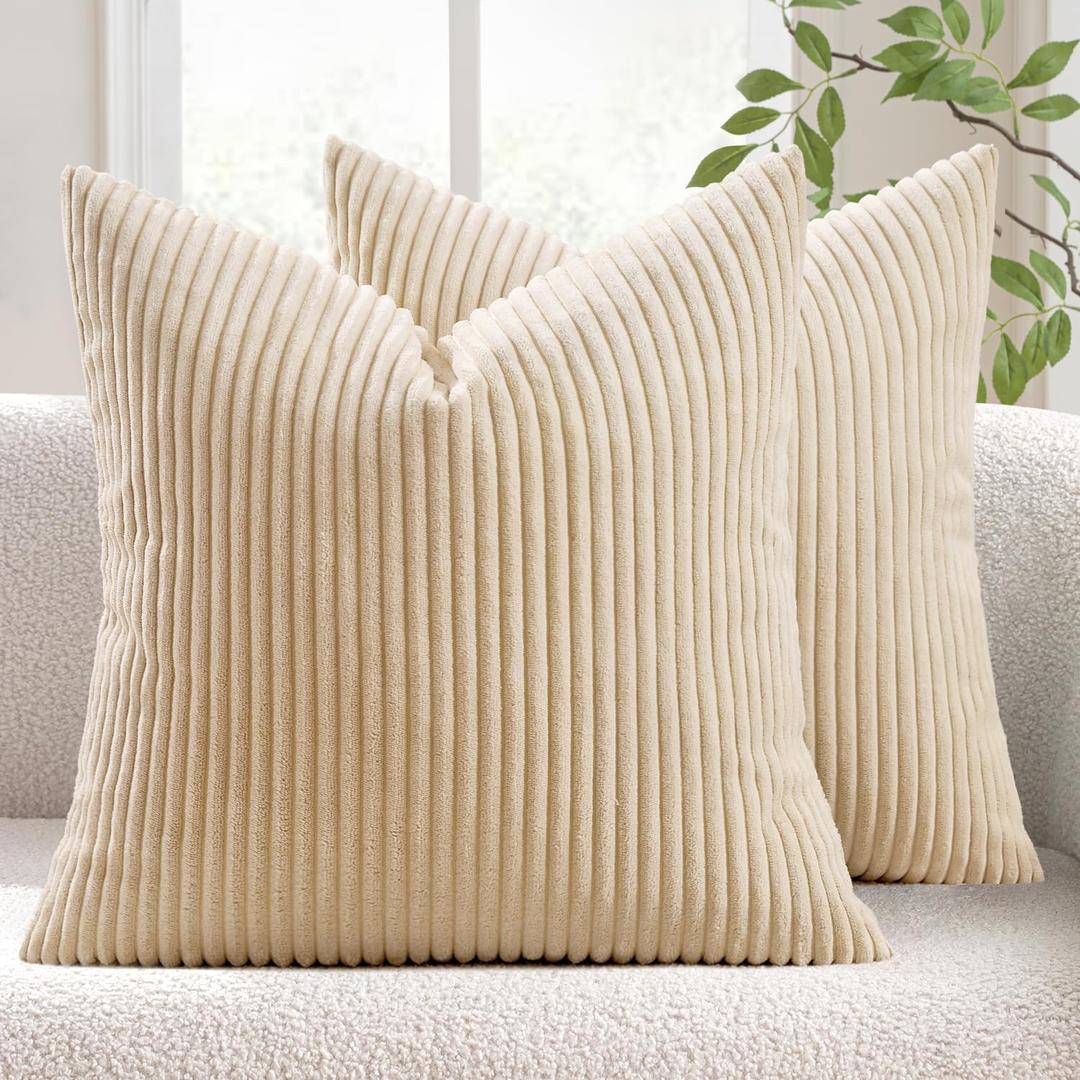 MIULEE Pack of 2 Corduroy Pillow Covers Soft Soild Striped Throw Pillow Covers Set Decorative Square Cushion Cases Pillowcases for Spring Sofa Bedroom Couch 16 x 16 Inch Beige