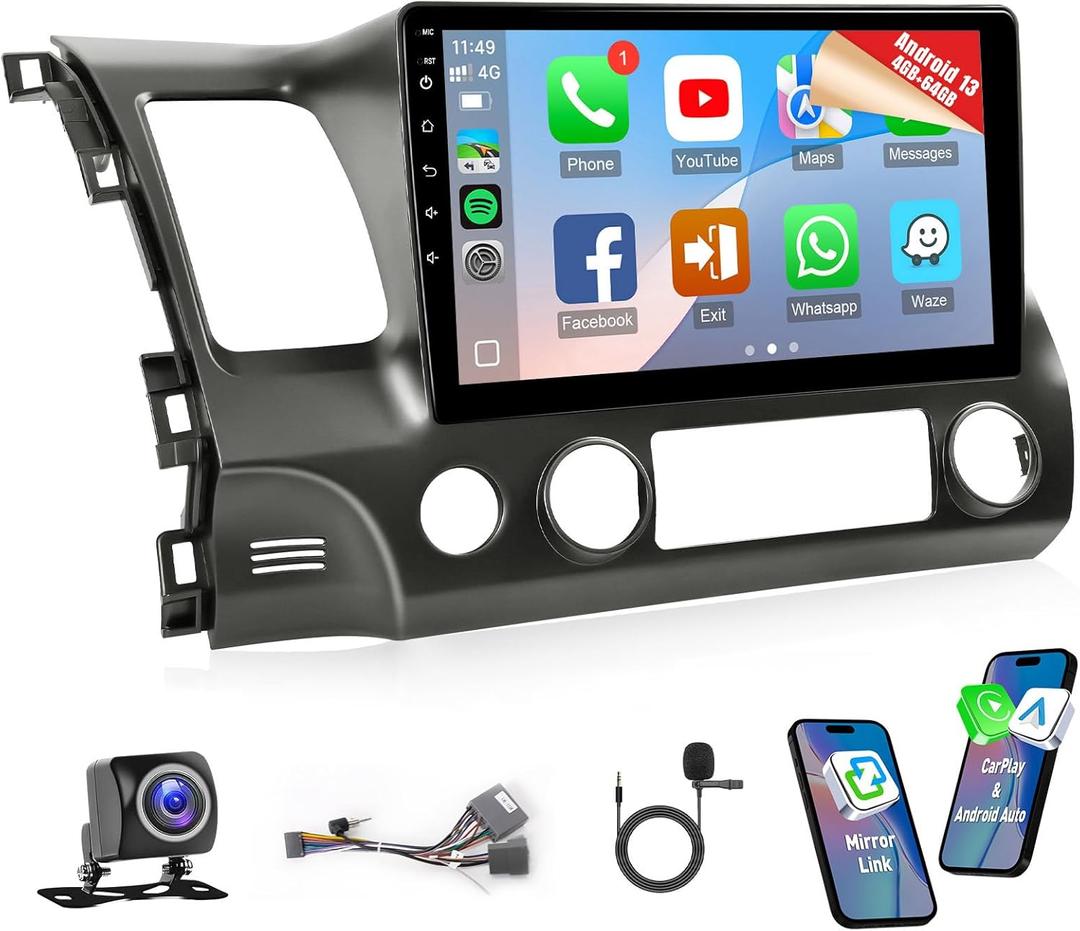 Naifay 4+64G Android 13 Car Radio for Honda Civic 2006 2007 2008 2009 2010 2011, 10.1inch IPS Touch Screen for Civic Stereo with Carplay Android Auto Bluetooth FM GPS WiFi SWC Camera+MIC