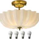 15.75-Inch Gold Semi Flush Mount Ceiling Light Milk Glass Lampshade Fixture Mid Century Modern 4-Light (Dimmable 4 Bulb is Included) Brass for Hallway Bedroom Foyer Entryway