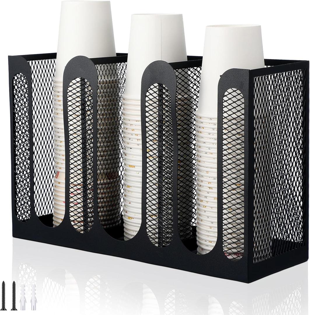 Maxcheck Metal Mesh Cup and Lid Holder Coffee Paper Cup Dispenser Lid Holder Storage Organizer Countertop or Wall Mount for Coffee Bar, Kitchen, Breakroom(3 Compartments,12.3 x 4.1 x 7.87 Inch)