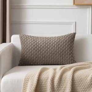 Kevin Textile 14x24 Inch Pillow Cover 1 Pack Boho Decorative Soft Striped Corduroy Lumbar Farmhouse Color Accent Rectangle Cushion Case for Living Room Couch Sofa Bed, Light Brown