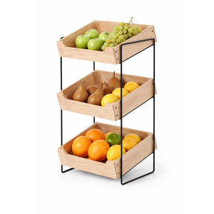 LIBKEN 3Tier Wooden Fruit Basket – Rubberwood Countertop Produce Storage with Metal Frame – Minimal Scandinavian Design Fruit Stand for Kitchen Counter, Space-Saving Tiered Basket Organizer