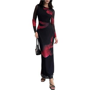 Milumia Women's Tie Dye Mesh Bodycon Dresses Floral Long Sleeve Maxi Dresses XS