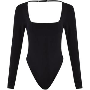 Women's Backless Thong Long Sleeve Square Neck Bodysuit, S