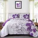 Luxudecor Floral Quilt Set King Size 3 Pieces Purple Flower Bedspread with Pillow Shams Lightweight Soft Microfiber Bed Cover for All Seasons 108" x 92"