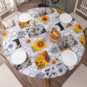 Round Vinyl Fitted Tablecloth with Flannel Backing Elastic Edge Design Table Cover Waterproof Oil-Proof PVC Table Cloth Stain-Resistant Wipeable for Round Table (Large Round Fits Table up 45"-56" Diameter, Sunflower)