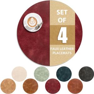 ADRIMER Placemats, Heat Resistant Round Placemats Set of 4 Washable, Waterproof Table Mats, Wipeable Faux Leather Place Mats for Kitchen, Dining Room, Wine Red
