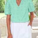 ZESICA Women's Summer Short Puff Sleeve Shirts 2025 V Neck Casual Hollow Out Lace Embroidered Blouse Tops (Green, S)