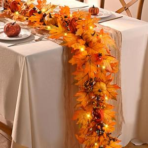 Waipfaru Fall Decor, 6FT Fall Garland with Lights, Autumn Garland with Pomegranate Pumpkin, Thanksgiving Harvest Festival Decor for Home Mantle Porch Wedding Table Indoor Outdoor