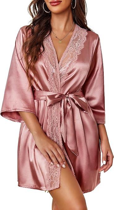Avidlove Women's Kimono Robe Short Satin Pure Short Silky Robes (Medium, Pink)