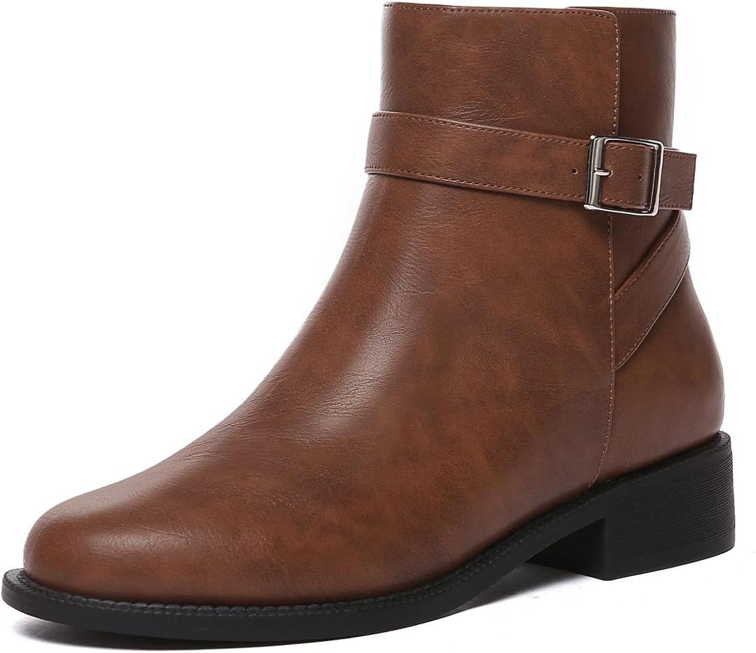 Athlefit Women's Ankle Boots Chunky Low Heel Fashion Round Toe Side Zipper Buckle Booties (8, Brown)