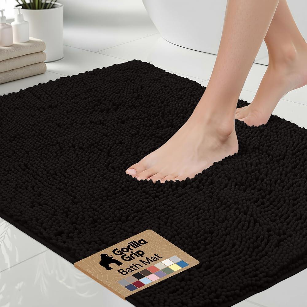 GORILLA GRIP Bath Rug Mat 48x17, Thick Soft Absorbent Chenille, Quick Dry Microfiber Mats, Rubber Backing Washable Shower Floor Rugs, Bathmat Runner, US Designed Bathroom Home Decor Accessories Black