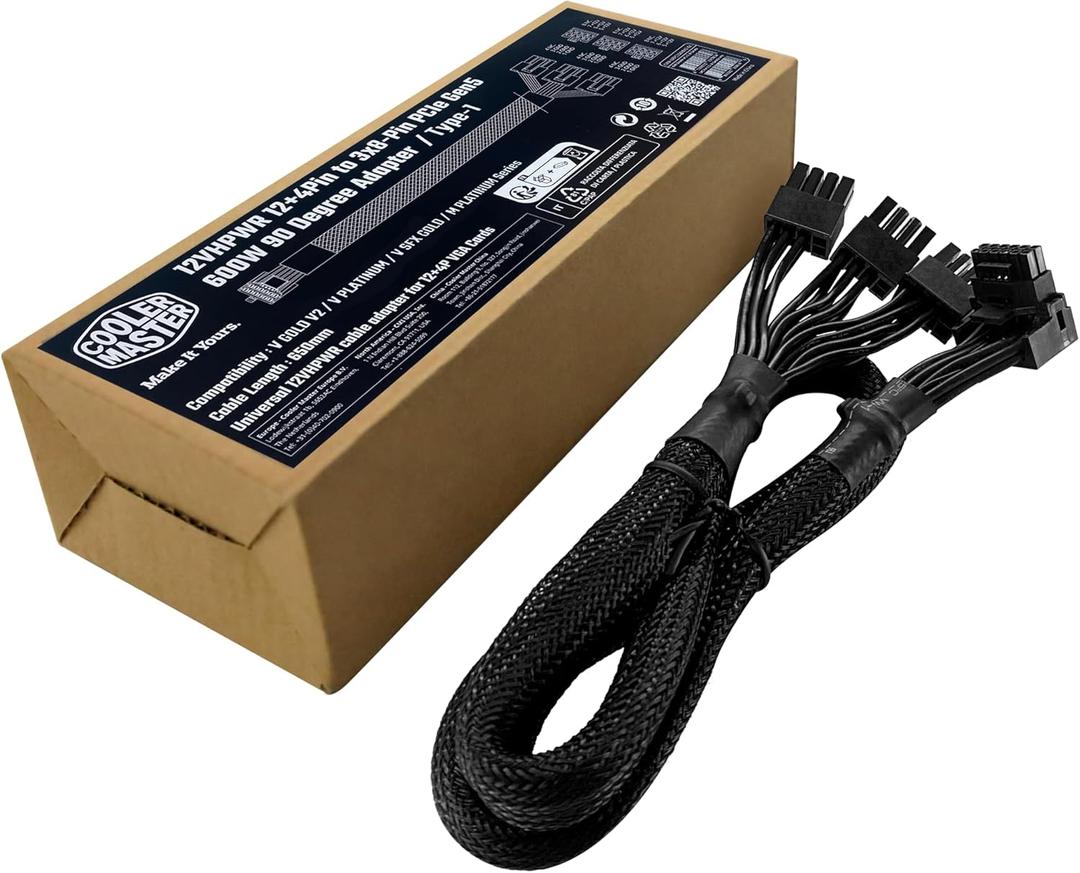 Cooler Master 12VHPWR Cable Type 1, GeForce RTX 40 Series, 90-Degree 12+4 Pin PCIe 5.0, 650mm (L), 600W Split 3X PCIE 8-Pin for V Gold V2|V SFX Gold | V Platinum (CMA-NFPC16XXBK1-GL)