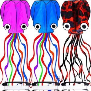 Octopus Kite 3 PACK Kites for Adults Easy To fly, 3D Beautiful Large Giant Kites with Kite String, Kites for Kids Easy to Fly Boys Girls Outdoor Travel Park Beach 158'' Long Tail Kite Runner, 3 Colors (Purple & Blue & RedDot)