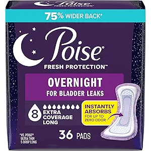 Poise Overnight Incontinence & Postpartum Pads for Bladder Leaks, 8 Drop Extra Coverage, 36 Count