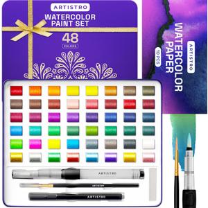 ARTISTRO Watercolor Paint Set, 48 Vivid Colors in Portable Box, Including Metallic and Fluorescent Colors. Perfect Travel Watercolor Set for Artists, Amateur Hobbyists and Painting Lovers (Premium Home) (Multicolor)