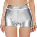 Kepblom Womens Metallic Booty Shorts High Waisted Shiny Rave Bottoms for Dance Festival Costumes (Medium, Silver)